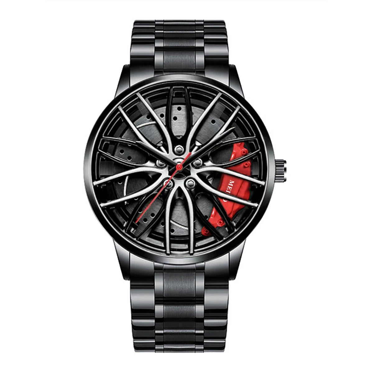 Men’s Sports Fashion Watch – 3D Car Wheel Dial, Stainless Steel Band, Quartz