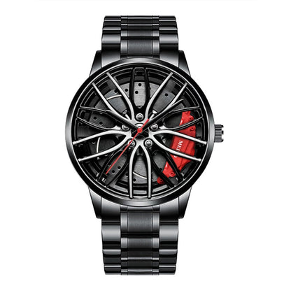 Men’s Sports Fashion Watch – 3D Car Wheel Dial, Stainless Steel Band, Quartz