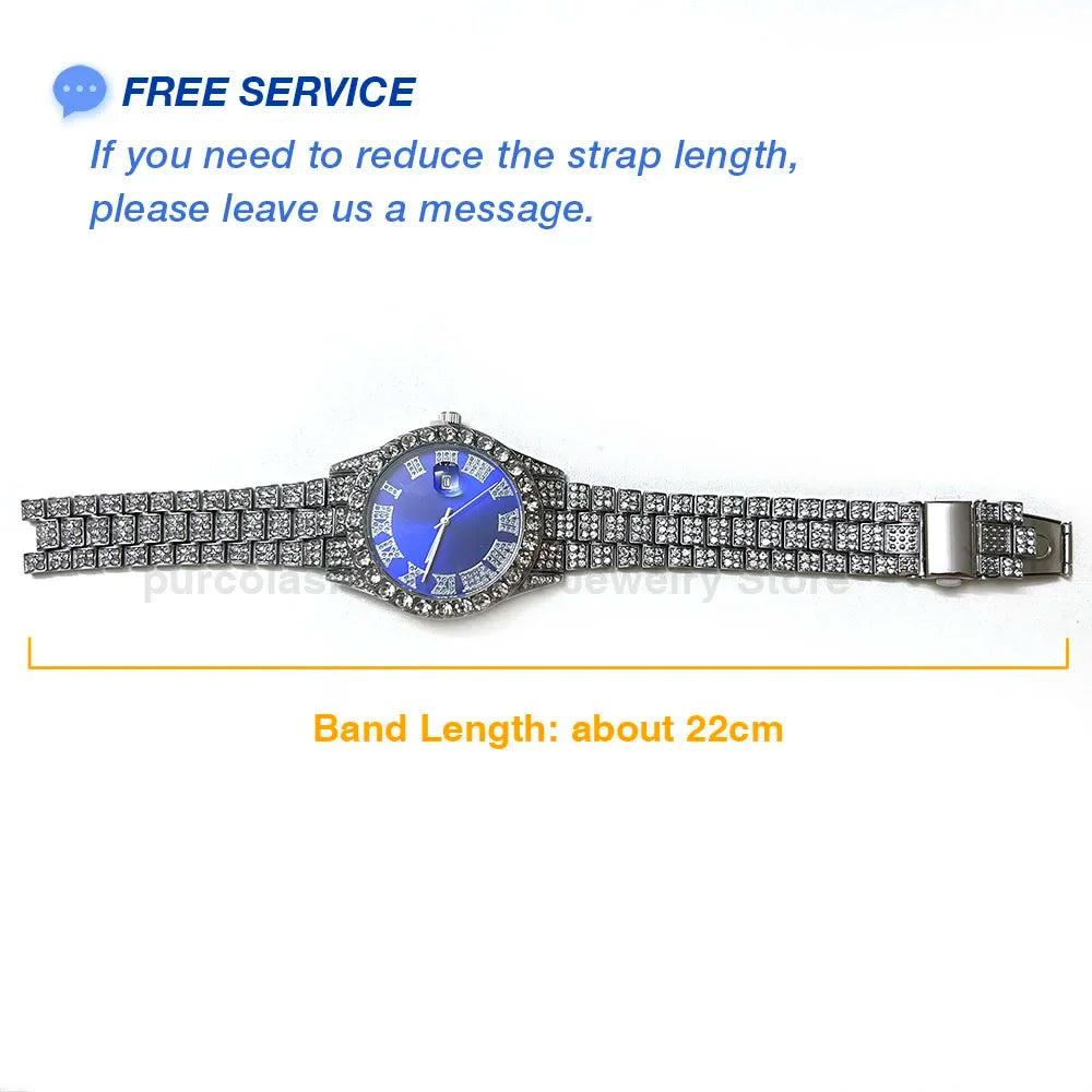 Men's Luxury Rhinestone Watch – 40mm Glass Dial, Iced Steel Bracelet, Custom Band Length