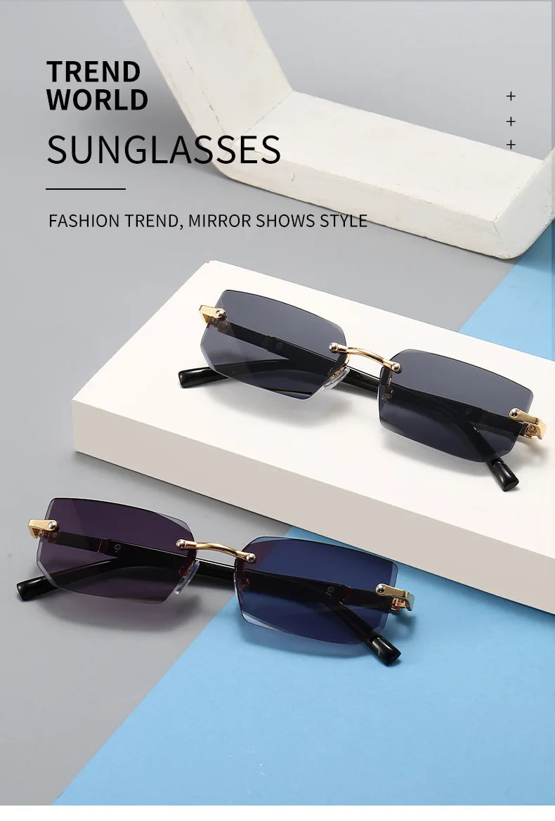 Rectangle Rimless Sunglasses — Small Square Sun Glasses for Female & Male Summer Travel