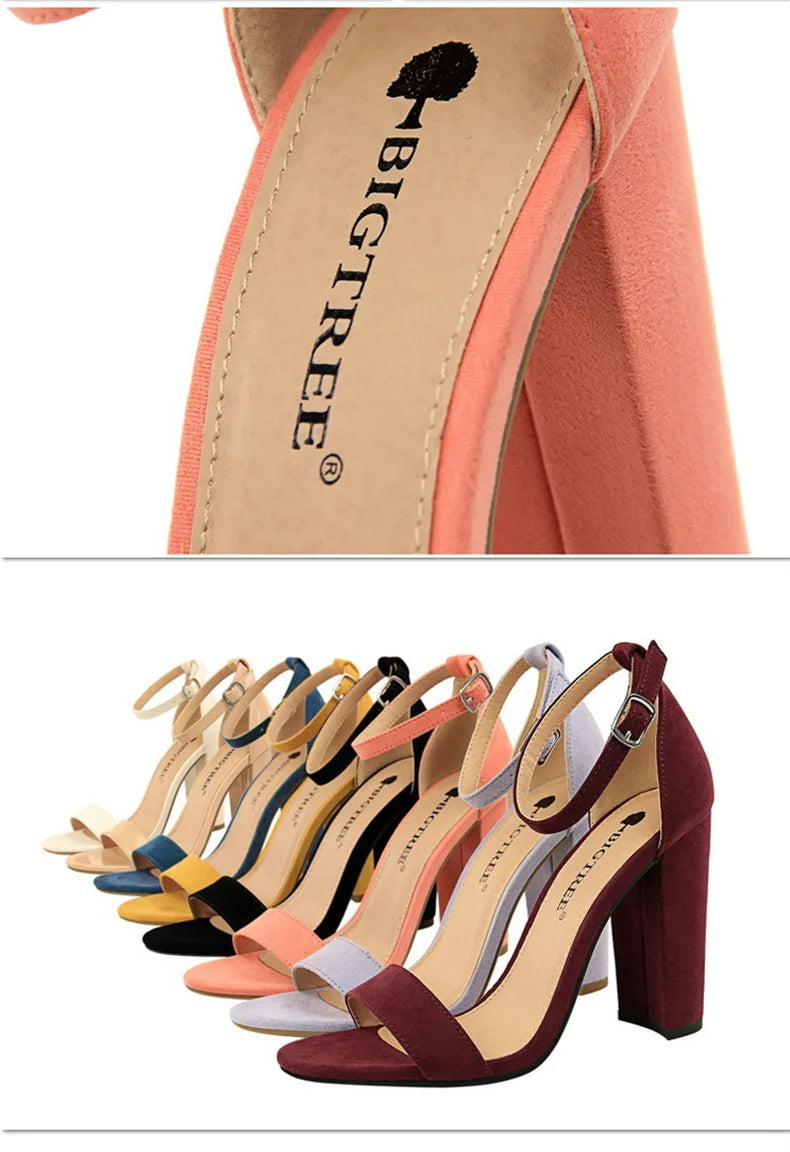 Summer Women’s Heels: 9.5 cm Gladiator Sandals, Yellow/Nude/Purple, Square Block Platform