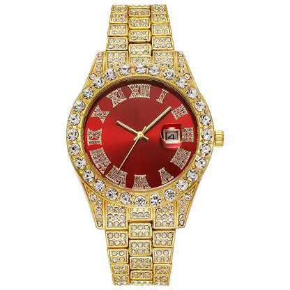 Men's Luxury Rhinestone Watch – 40mm Glass Dial, Iced Steel Bracelet, Custom Band Length