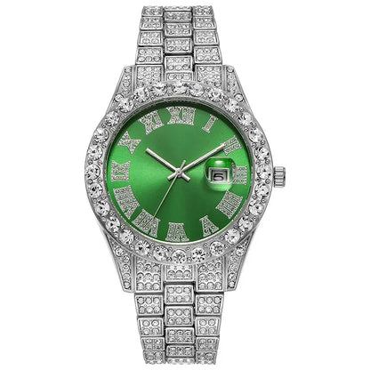 Men's Luxury Rhinestone Watch – 40mm Glass Dial, Iced Steel Bracelet, Custom Band Length