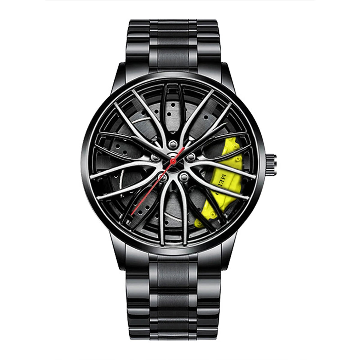 Men’s Sports Fashion Watch – 3D Car Wheel Dial, Stainless Steel Band, Quartz
