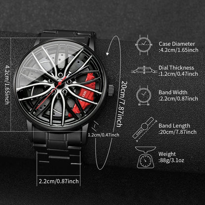 Men’s Sports Fashion Watch – 3D Car Wheel Dial, Stainless Steel Band, Quartz
