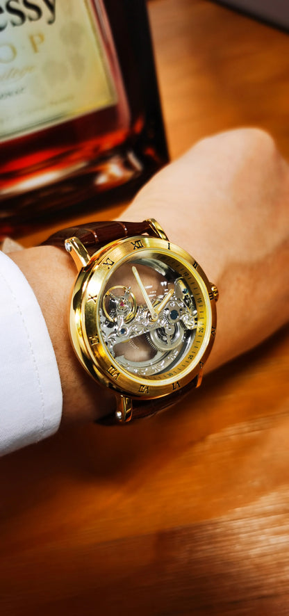 Vintage Mechanical Watch: Golden Bridge Skeleton, Automatic, Leather Strap, Luminous Hands