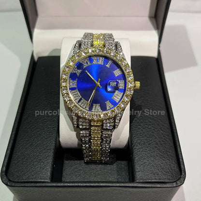 Men's Luxury Rhinestone Watch – 40mm Glass Dial, Iced Steel Bracelet, Custom Band Length