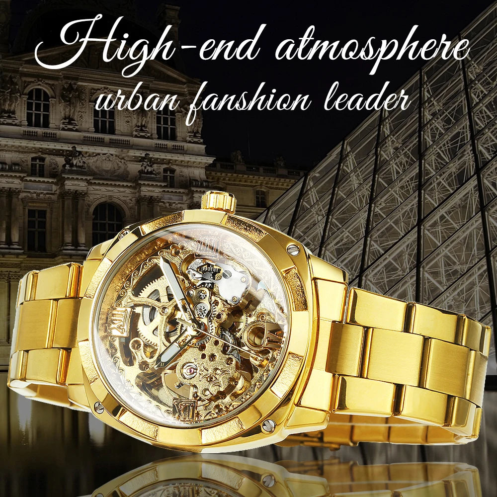 Skeleton Automatic Watch — Forsining, Engraved Movement, Gold Square