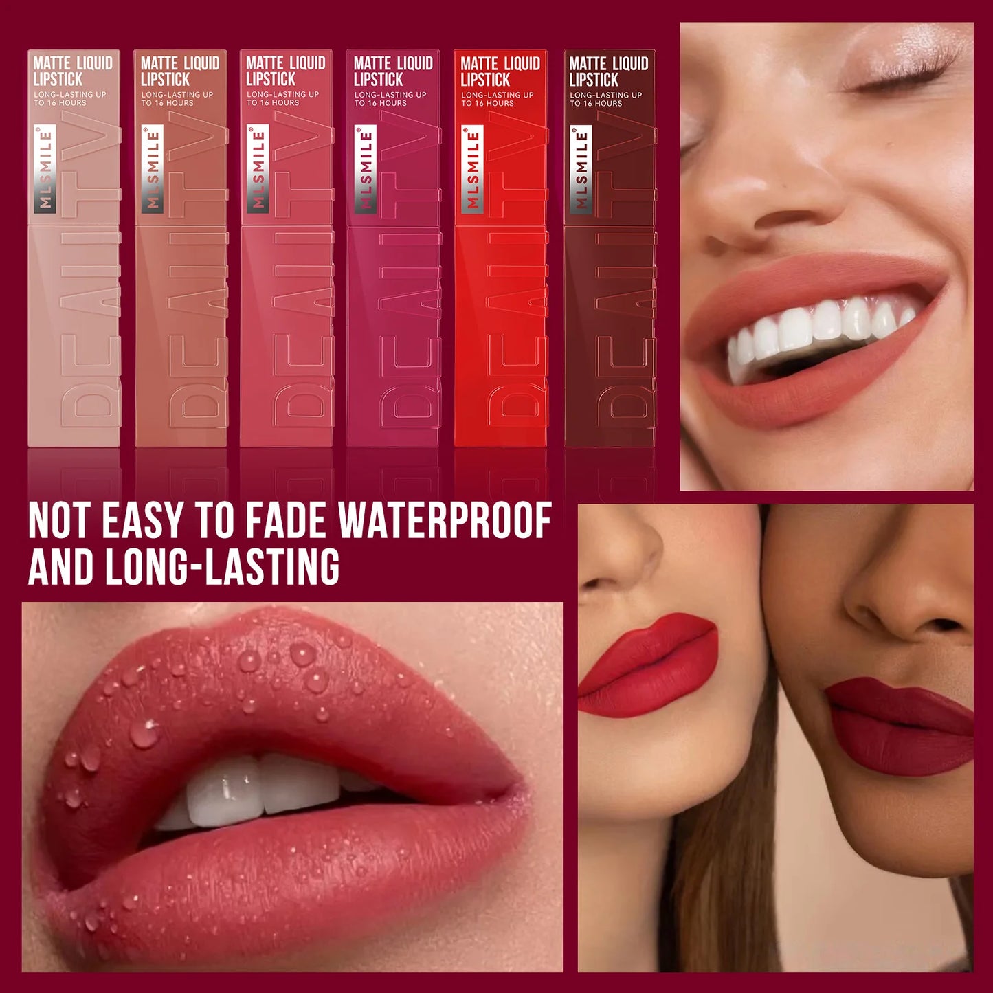 MLSMILE Velvet Satin Lip Glaze (6 Colors) — Non-Stick Cup, Watertight Matte Lipstick