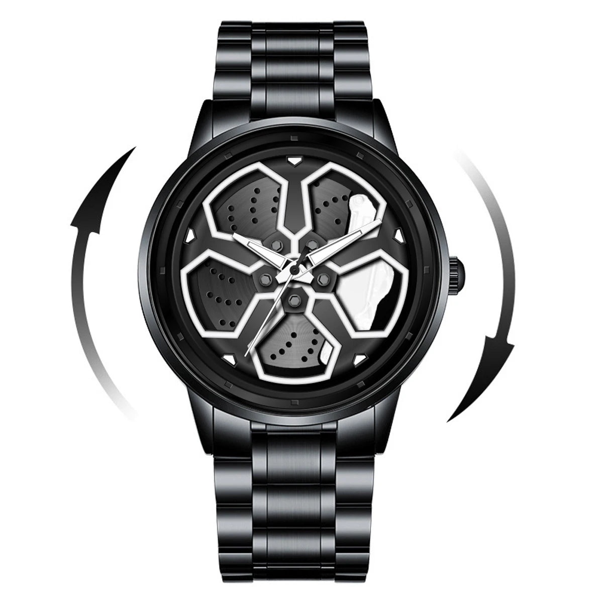 Original Wheel Rotating Men Watch — Black Stainless Steel Strap, 3Bar Quartz