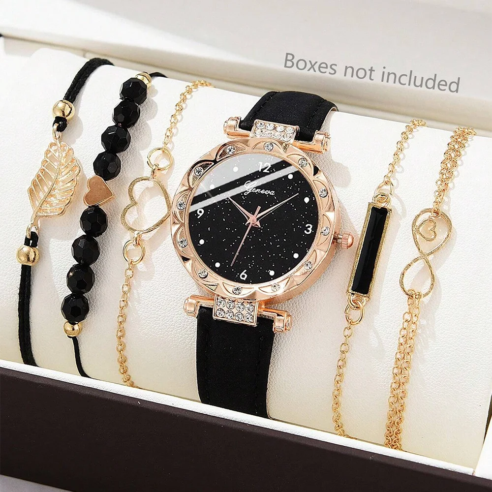6-Piece Women's Watch Set — Luxury Leather + Analog Quartz