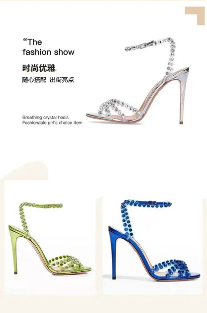 PVC Transparent Rhinestone Heels — Women's Ankle Strap Sandals