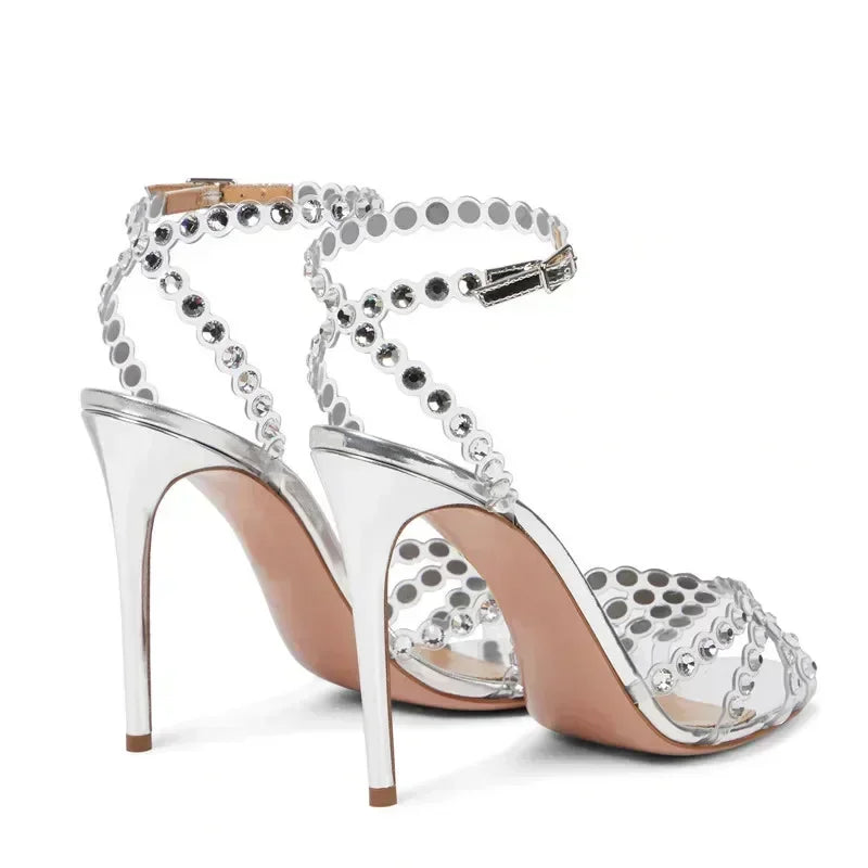 PVC Transparent Rhinestone Heels — Women's Ankle Strap Sandals