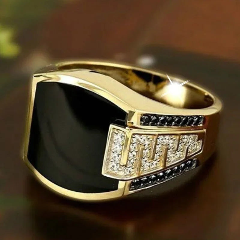 Fashion Metal Ring for Men — Gold Finish, Black Stone Accent