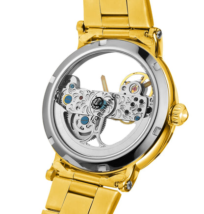 Vintage Mechanical Watch: Golden Bridge Skeleton, Automatic, Leather Strap, Luminous Hands