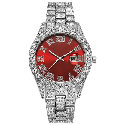 Men's Luxury Rhinestone Watch – 40mm Glass Dial, Iced Steel Bracelet, Custom Band Length