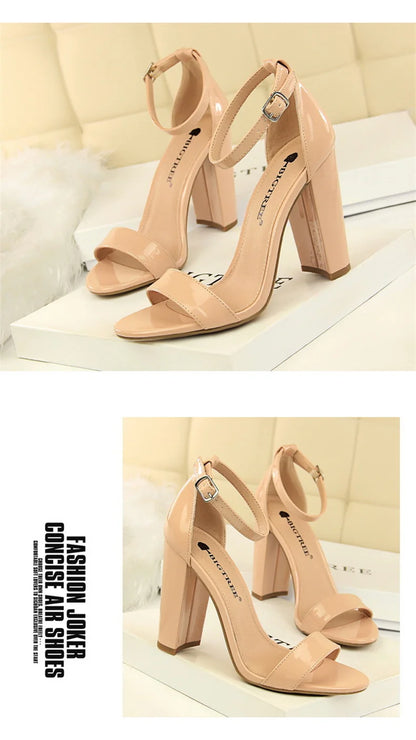 Summer Women’s Heels: 9.5 cm Gladiator Sandals, Yellow/Nude/Purple, Square Block Platform