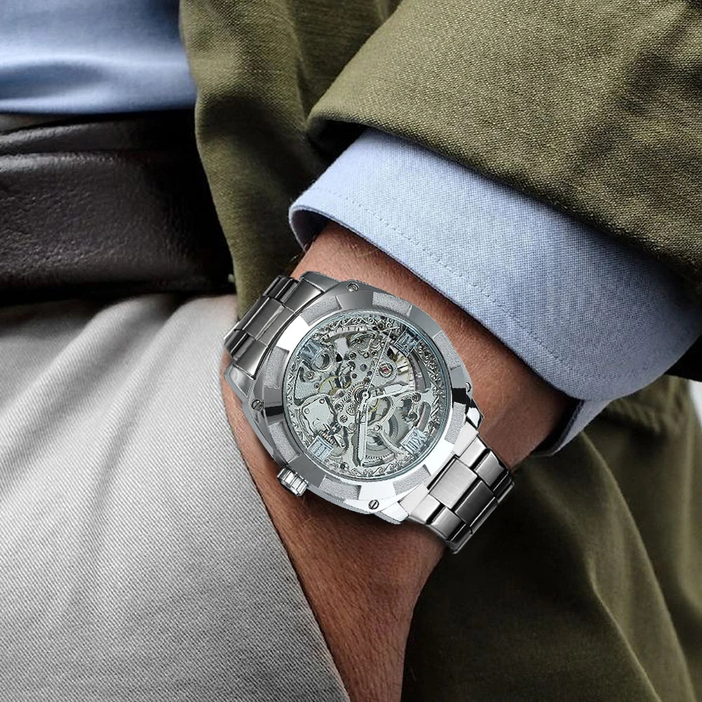Skeleton Automatic Watch — Forsining, Engraved Movement, Gold Square