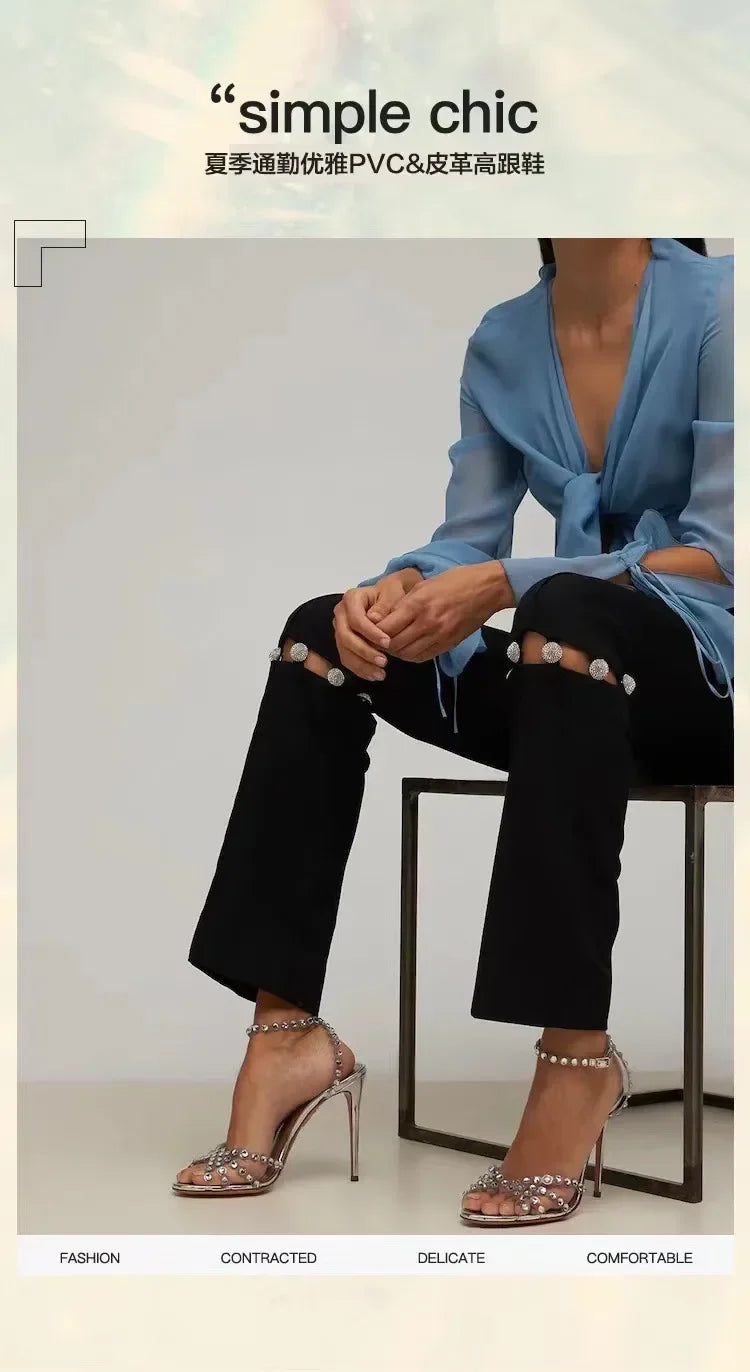 PVC Transparent Rhinestone Heels — Women's Ankle Strap Sandals
