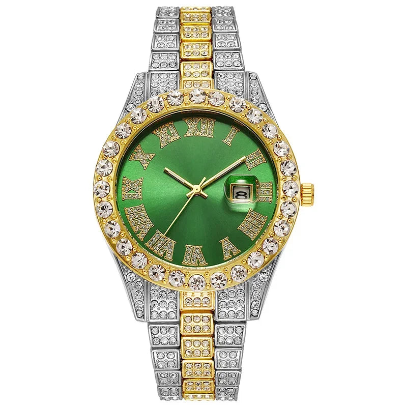 Men's Luxury Rhinestone Watch – 40mm Glass Dial, Iced Steel Bracelet, Custom Band Length