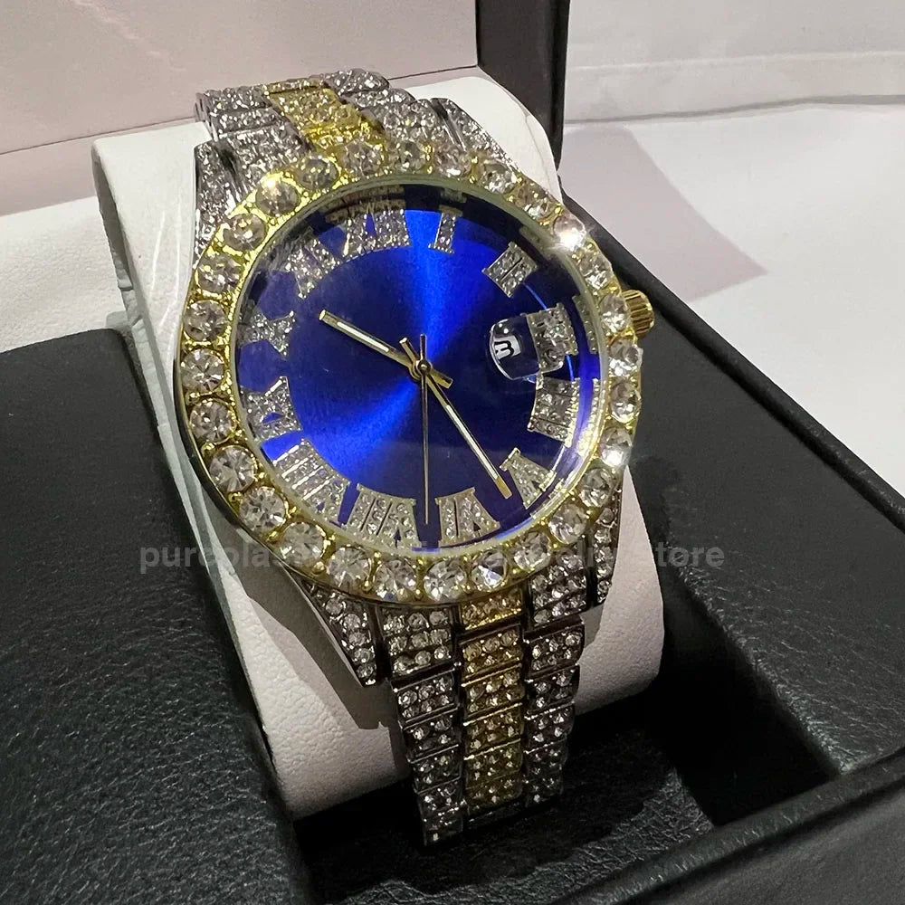 Men's Luxury Rhinestone Watch – 40mm Glass Dial, Iced Steel Bracelet, Custom Band Length