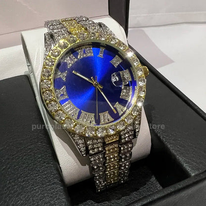 Men's Luxury Rhinestone Watch – 40mm Glass Dial, Iced Steel Bracelet, Custom Band Length