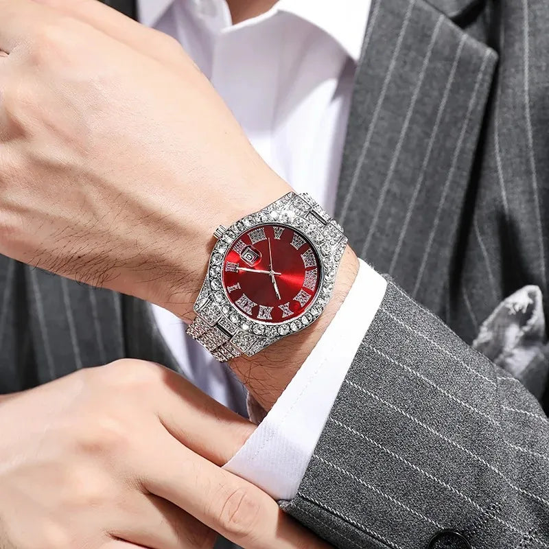 Men's Luxury Rhinestone Watch – 40mm Glass Dial, Iced Steel Bracelet, Custom Band Length