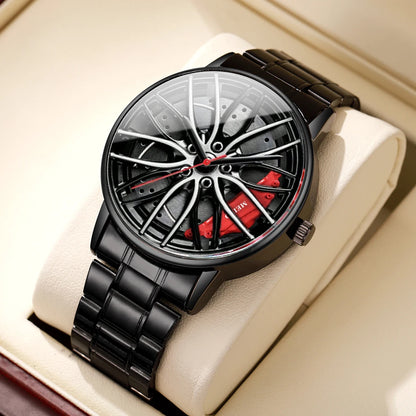 Men’s Sports Fashion Watch – 3D Car Wheel Dial, Stainless Steel Band, Quartz