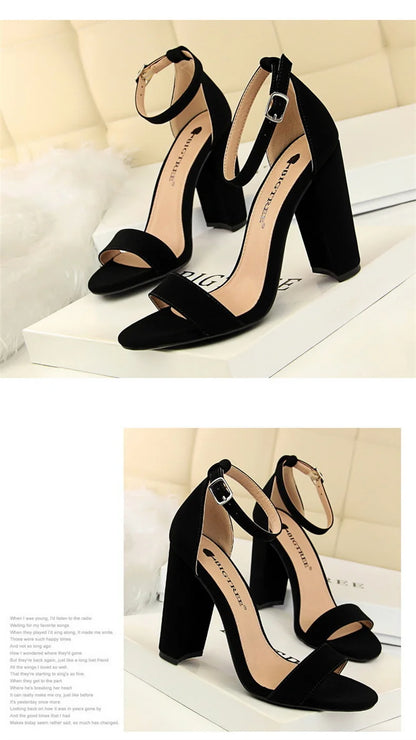 Summer Women’s Heels: 9.5 cm Gladiator Sandals, Yellow/Nude/Purple, Square Block Platform