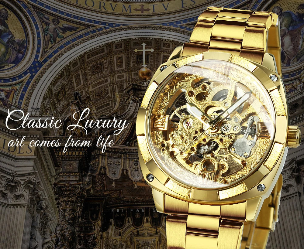 Skeleton Automatic Watch — Forsining, Engraved Movement, Gold Square