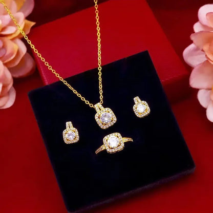 Fashion Square Zircon Necklace Earrings Ring Set For Women Luxury Wedding Engagement & Party Jewelry Set