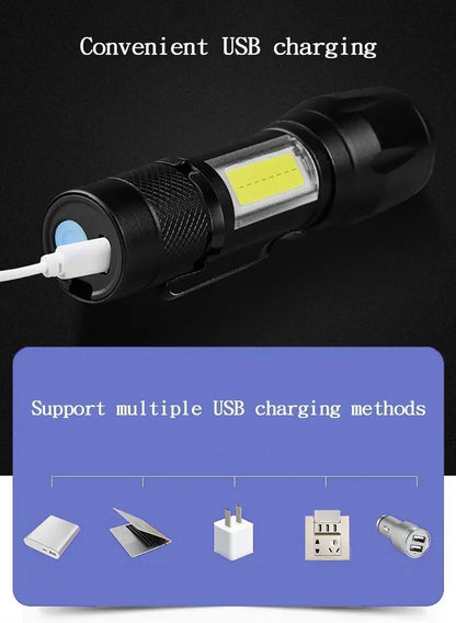 USB Rechargeable COB+XPE Mini LED Torch — Outdoor Zoom Light with Pen Clip