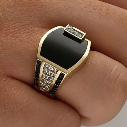Fashion Metal Ring for Men — Gold Finish, Black Stone Accent
