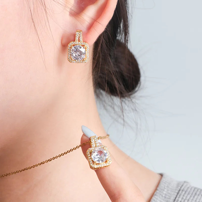 Fashion Square Zircon Necklace Earrings Ring Set For Women Luxury Wedding Engagement & Party Jewelry Set