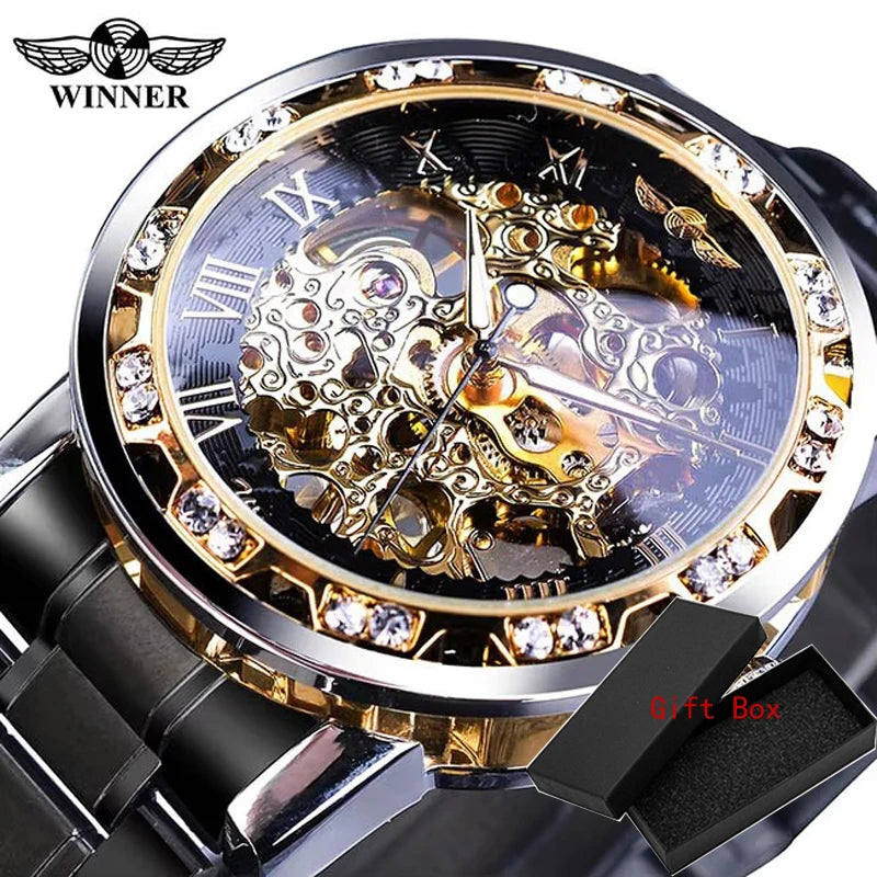 Winner Transparent Fashion Diamond Luminous Mechanical Skeleton Wrist Watch — Men