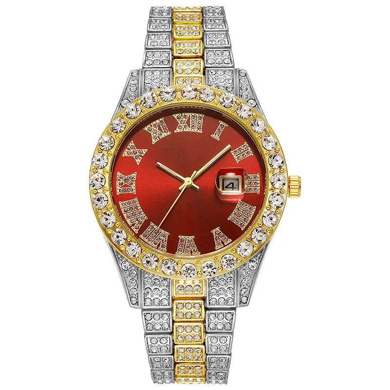 Men's Luxury Rhinestone Watch – 40mm Glass Dial, Iced Steel Bracelet, Custom Band Length