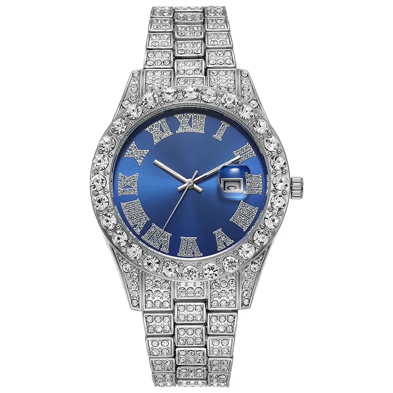 Men's Luxury Rhinestone Watch – 40mm Glass Dial, Iced Steel Bracelet, Custom Band Length