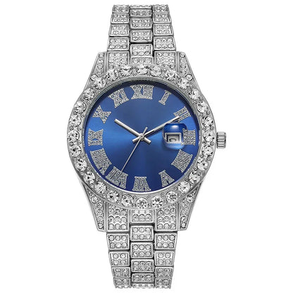 Men's Luxury Rhinestone Watch – 40mm Glass Dial, Iced Steel Bracelet, Custom Band Length