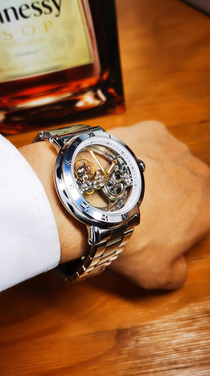 Vintage Mechanical Watch: Golden Bridge Skeleton, Automatic, Leather Strap, Luminous Hands