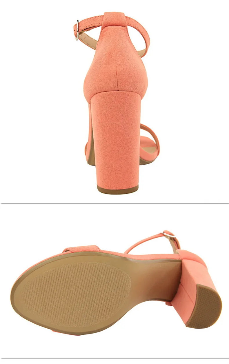 Summer Women’s Heels: 9.5 cm Gladiator Sandals, Yellow/Nude/Purple, Square Block Platform