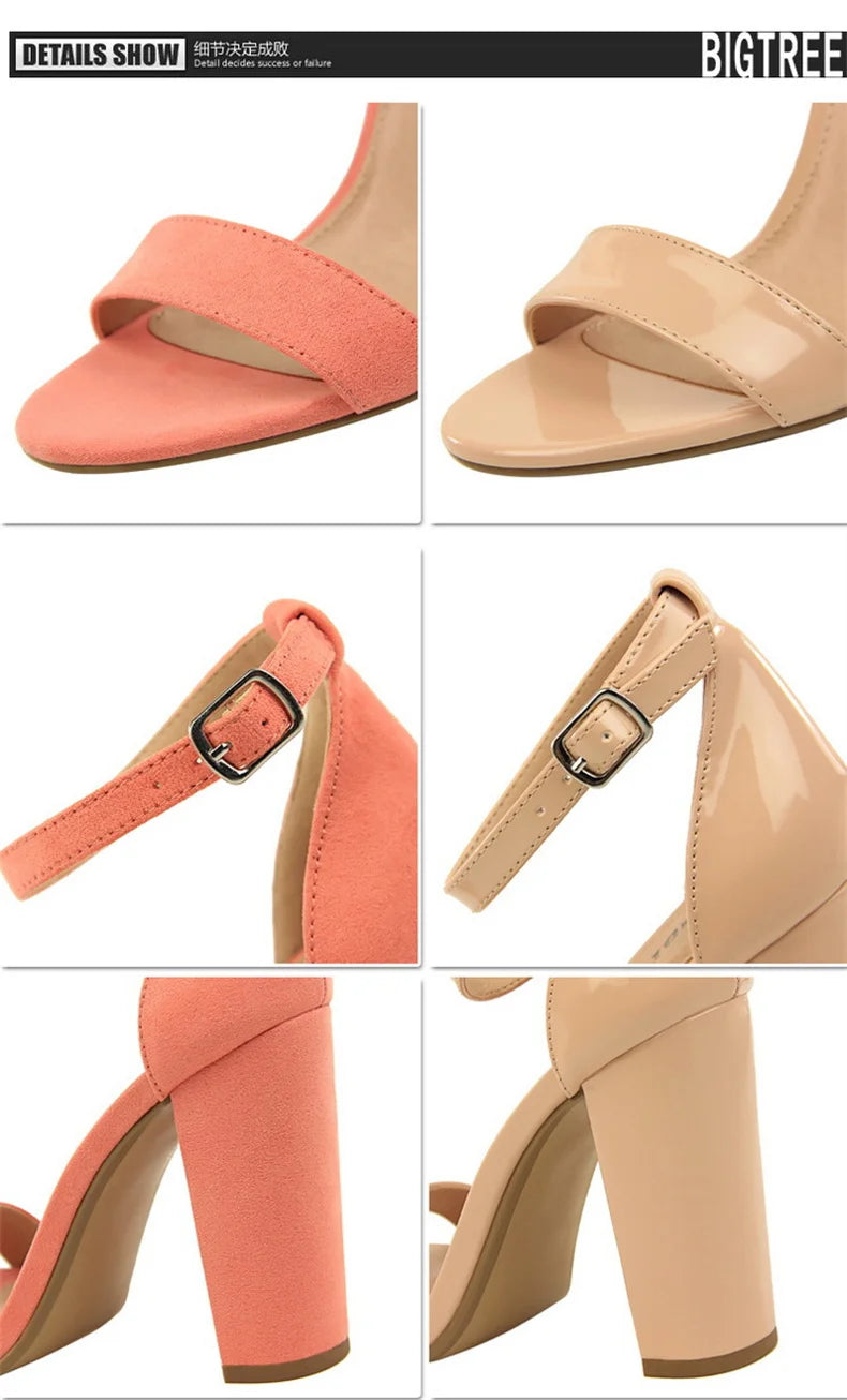 Summer Women’s Heels: 9.5 cm Gladiator Sandals, Yellow/Nude/Purple, Square Block Platform