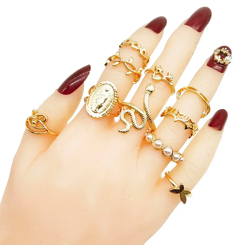 30pc/Lot Gold Color Finger Rings for Girls — Love, Snake, Animal, Butterfly, Cutout, Star, Pearl, Thin Joint