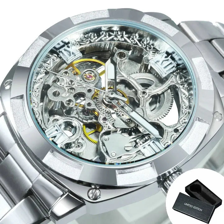 Skeleton Automatic Watch — Forsining, Engraved Movement, Gold Square