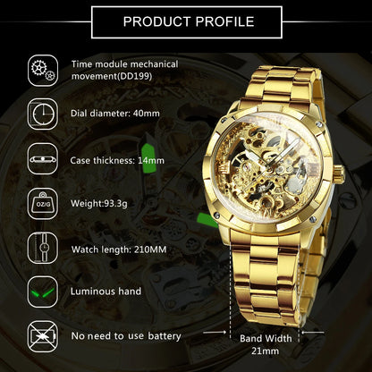 Skeleton Automatic Watch — Forsining, Engraved Movement, Gold Square