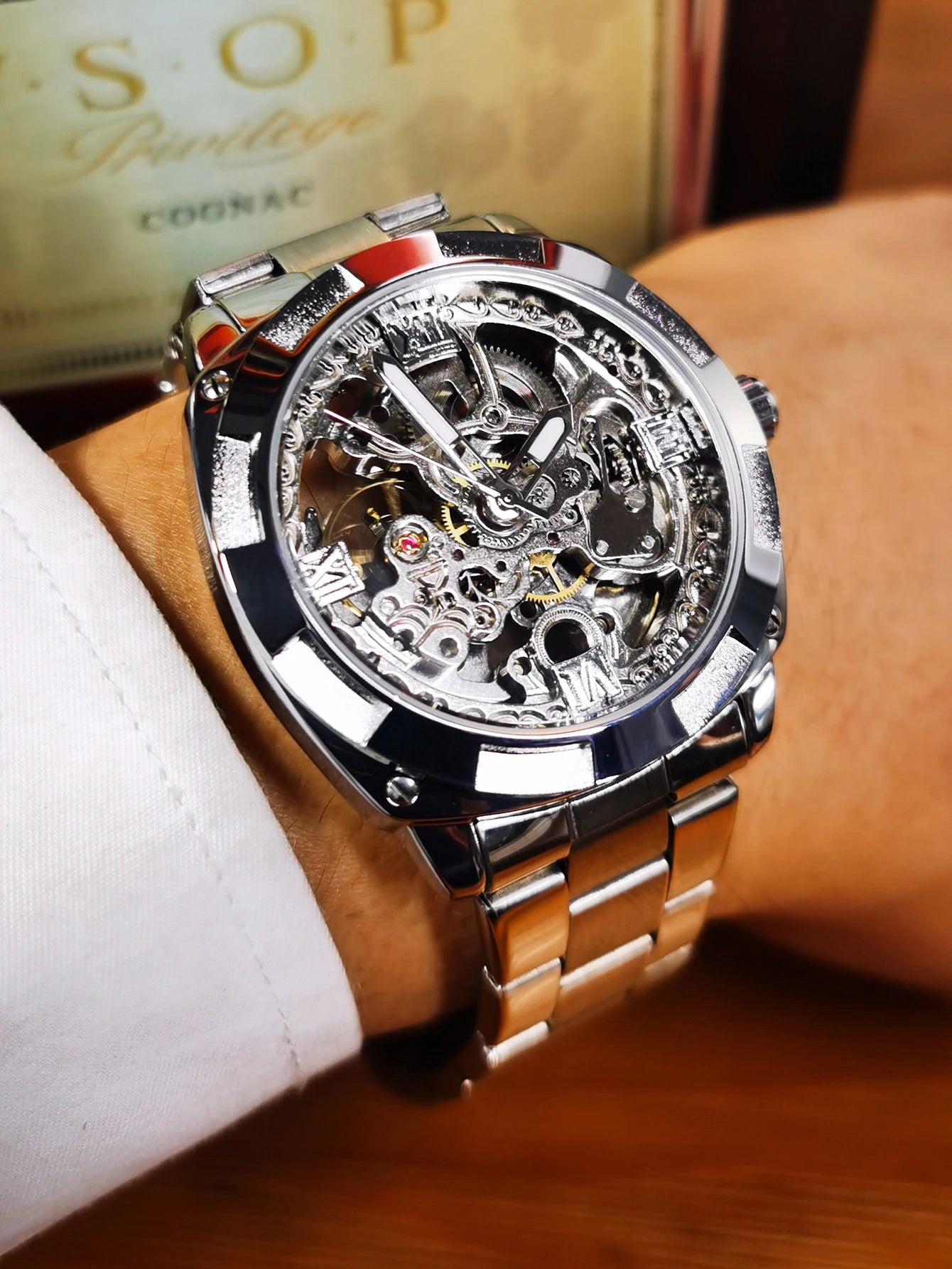 Skeleton Automatic Watch — Forsining, Engraved Movement, Gold Square