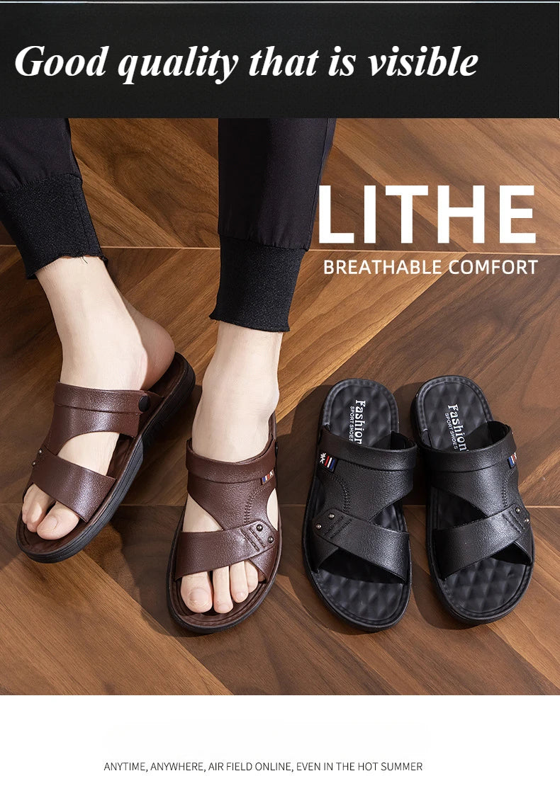 Summer Men’s Leather Sandals — Dual Purpose, Non-Slip, Open-Toe