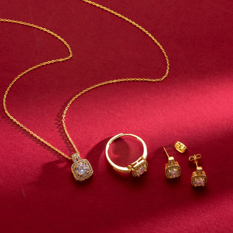Fashion Square Zircon Necklace Earrings Ring Set For Women Luxury Wedding Engagement & Party Jewelry Set