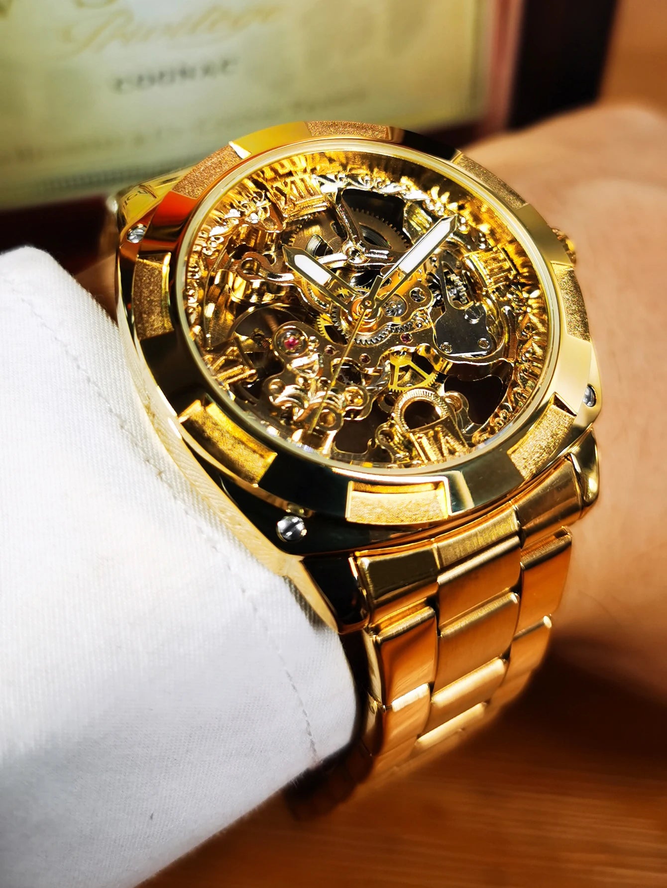 Skeleton Automatic Watch — Forsining, Engraved Movement, Gold Square