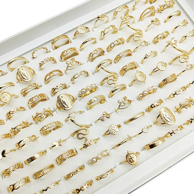 30pc/Lot Gold Color Finger Rings for Girls — Love, Snake, Animal, Butterfly, Cutout, Star, Pearl, Thin Joint