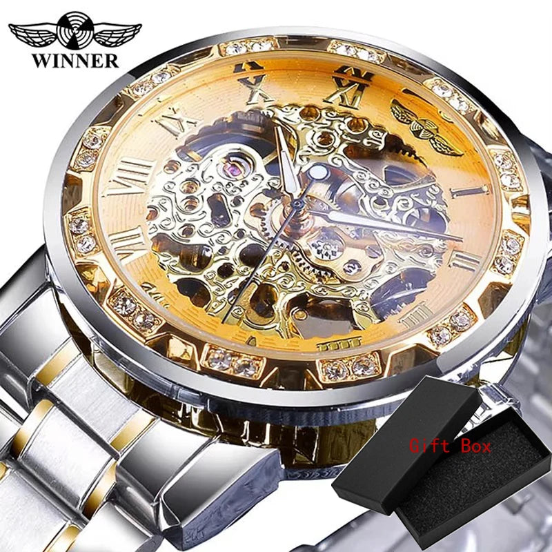 Winner Transparent Fashion Diamond Luminous Mechanical Skeleton Wrist Watch — Men
